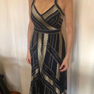 Navy and Gold Metallic Halter Dress BCBGMaxAzria
